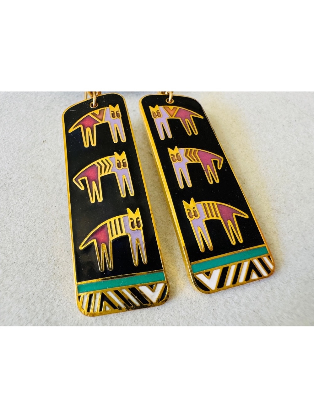 Vintage 1990 Laurel Burch Black HIEROGLYPHIC CATS Pierced Earrings on Orig. Card - Picture 4 of 10